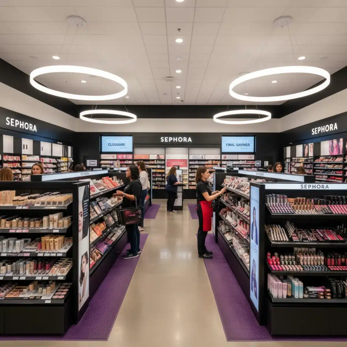 Interior moderno y vibrante de una tienda Sephora independiente, con clientes explorando productos de belleza.