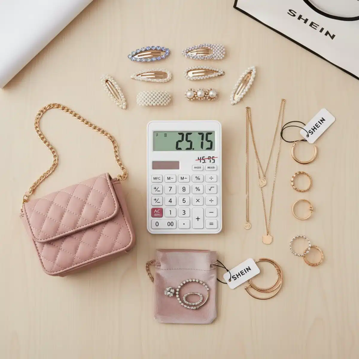 Accesorios de moda SHEIN y una calculadora mostrando un precio con descuento.