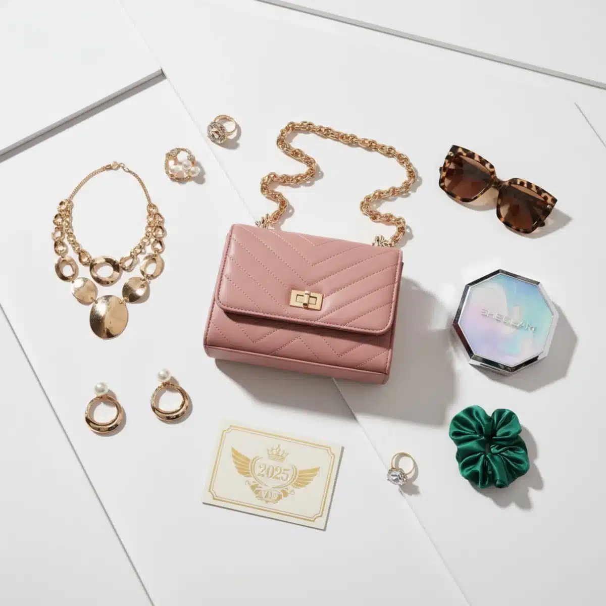 Accesorios y productos de belleza de las nuevas colecciones SHEIN 2025, dispuestos para una fotografía de flat lay.