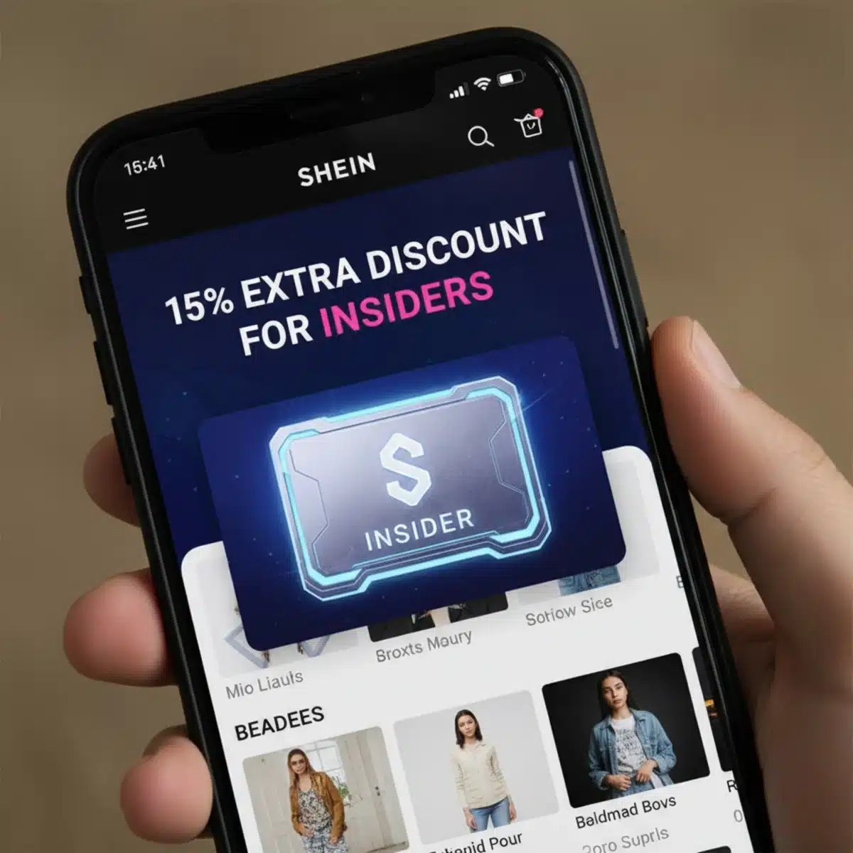 Pantalla de smartphone con app de SHEIN mostrando banner de descuento del 15% para Insiders.