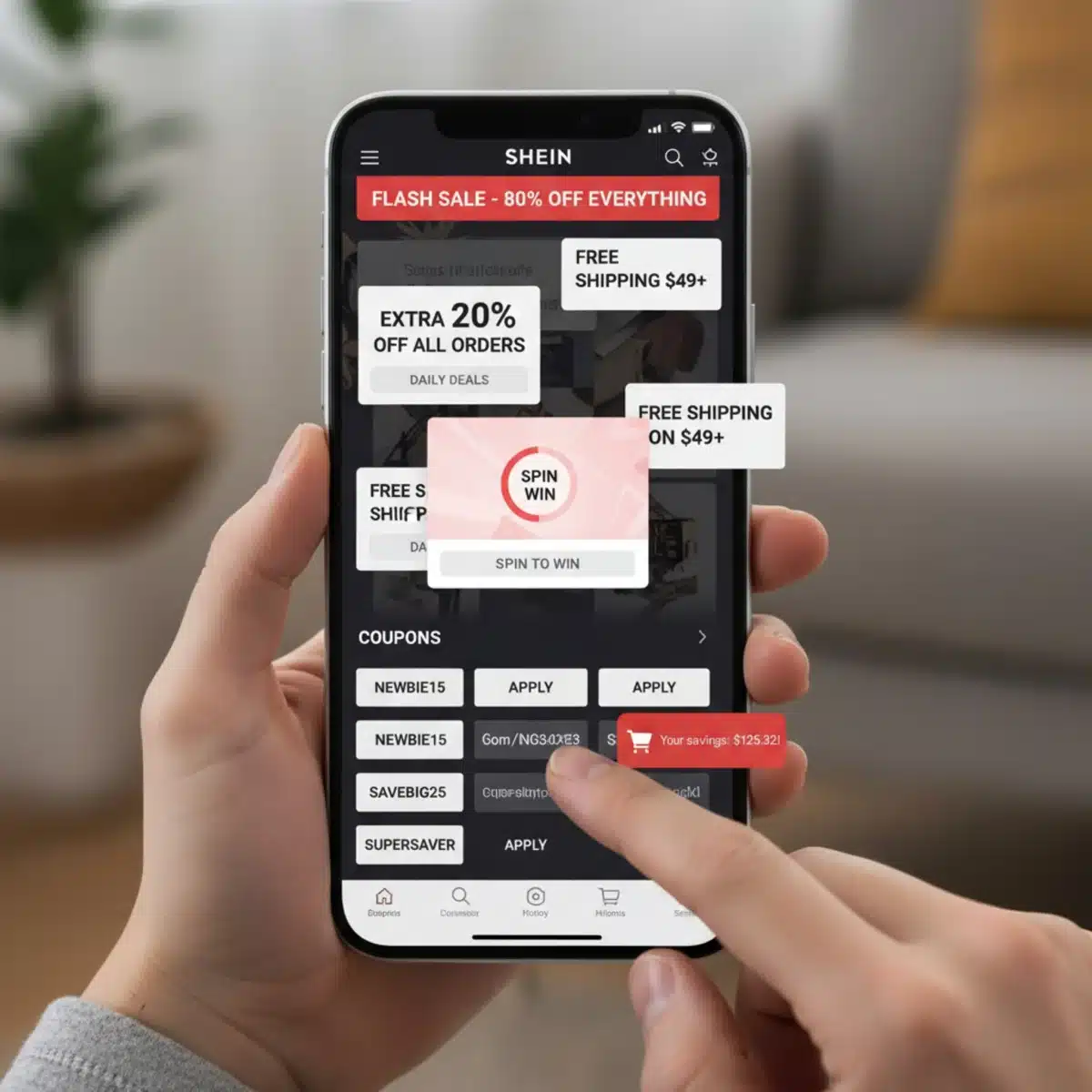 Pantalla de smartphone mostrando la aplicación SHEIN con códigos de descuento activos, ofertas flash y un carrito de compras, optimizando el ahorro.