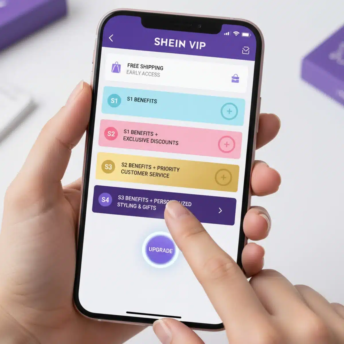 Pantalla de móvil mostrando la sección VIP de la app de SHEIN con los niveles de membresía y beneficios.