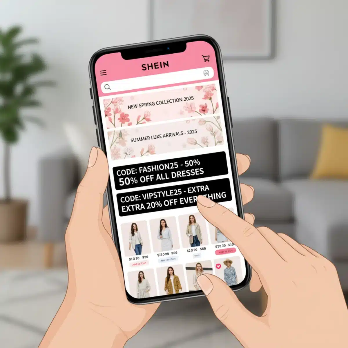 Pantalla de smartphone mostrando la aplicación de SHEIN con nuevas colecciones y descuentos para 2025.