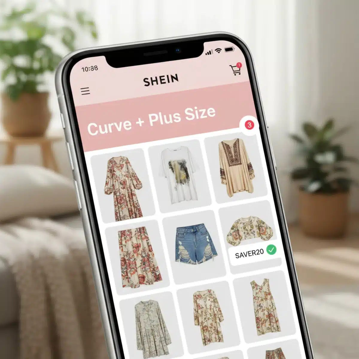 Pantalla de móvil mostrando la sección 'Curve + Plus Size' de la app de SHEIN con un código de descuento aplicado.