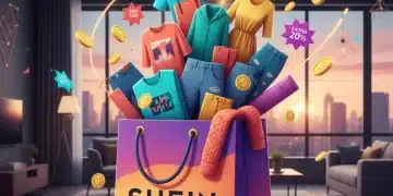 Bolsa de compras de SHEIN con monedas y etiquetas de descuento, simbolizando el ahorro con puntos.