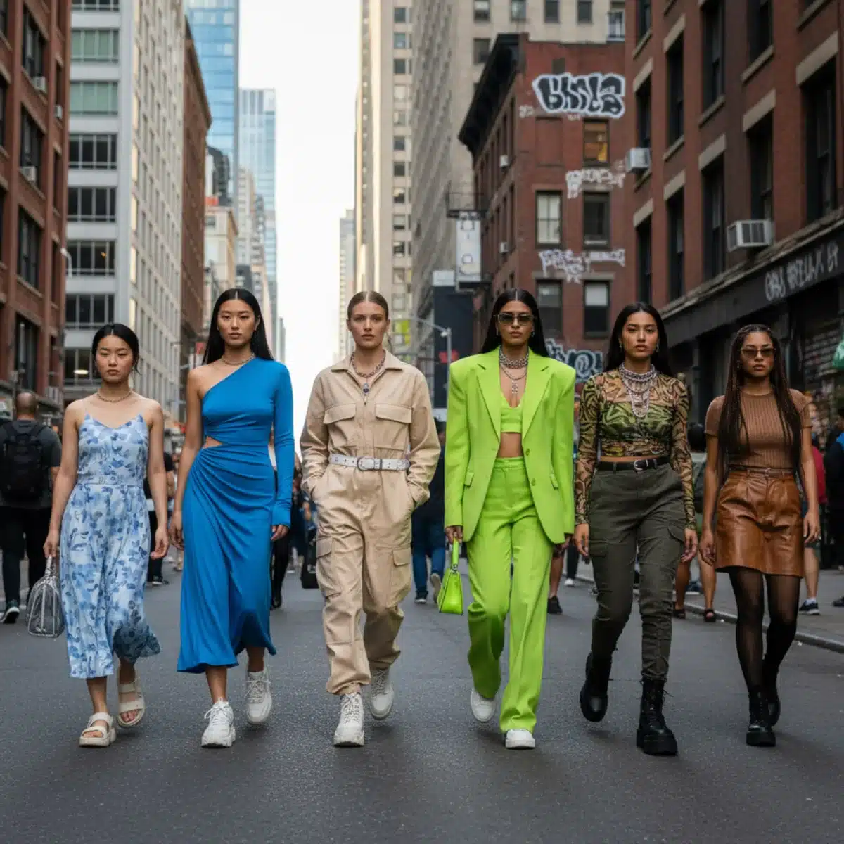 Grupo diverso de personas vistiendo ropa de SHEIN de la colección 2025, mostrando moda urbana e inclusiva.