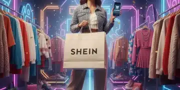 Joven sonriente con bolsa de compra SHEIN y ropa de moda, simbolizando un descuento exclusivo.