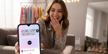 Mujer joven viendo SHEIN Live en su teléfono con gráficos de cupones de descuento del 50%.