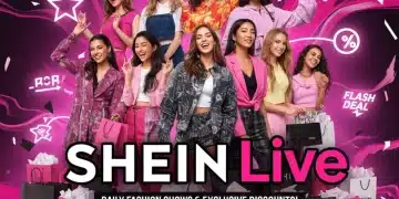 Modelos sonrientes en un evento SHEIN Live, rodeadas de símbolos de descuento y moda, representando las ofertas en vivo.