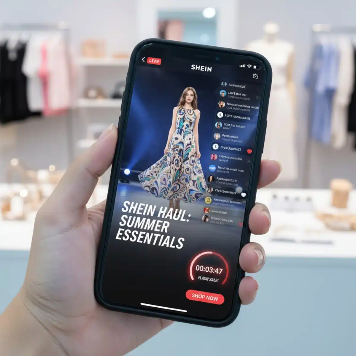 Pantalla de móvil mostrando una transmisión en vivo de SHEIN Live con un temporizador de oferta flash.
