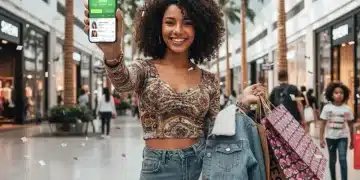 Mujer joven sonriendo mientras usa la aplicación de SHEIN en su teléfono, mostrando la sección de puntos, con bolsas de compra y ropa de moda alrededor.