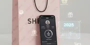 Bolsa de compras de SHEIN con un smartphone mostrando la aplicación y elementos de programa de fidelización, con el año 2025 resaltado.