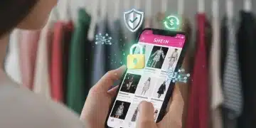 Mujer usando app de SHEIN en smartphone, rodeada de iconos de seguridad, evitando estafas online.