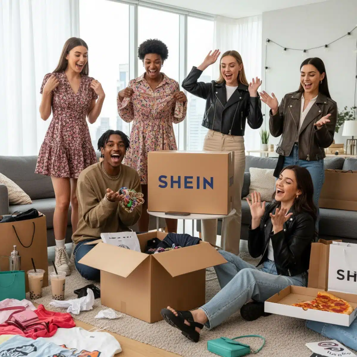 Grupo de amigos desempacando un pedido grande de SHEIN, mostrando ropa y accesorios de moda, celebrando las compras asequibles y en grupo.