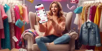 Mujer emocionada comprando en línea en SHEIN, aprovechando las ventas flash con grandes descuentos.