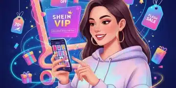 Mujer joven sonriente navegando por la aplicación SHEIN en su smartphone, con el logo VIP destacado y símbolos de descuentos flotando alrededor.