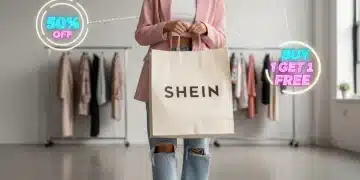Joven sonriente con bolsa de SHEIN, rodeada de iconos de descuentos y beneficios VIP.