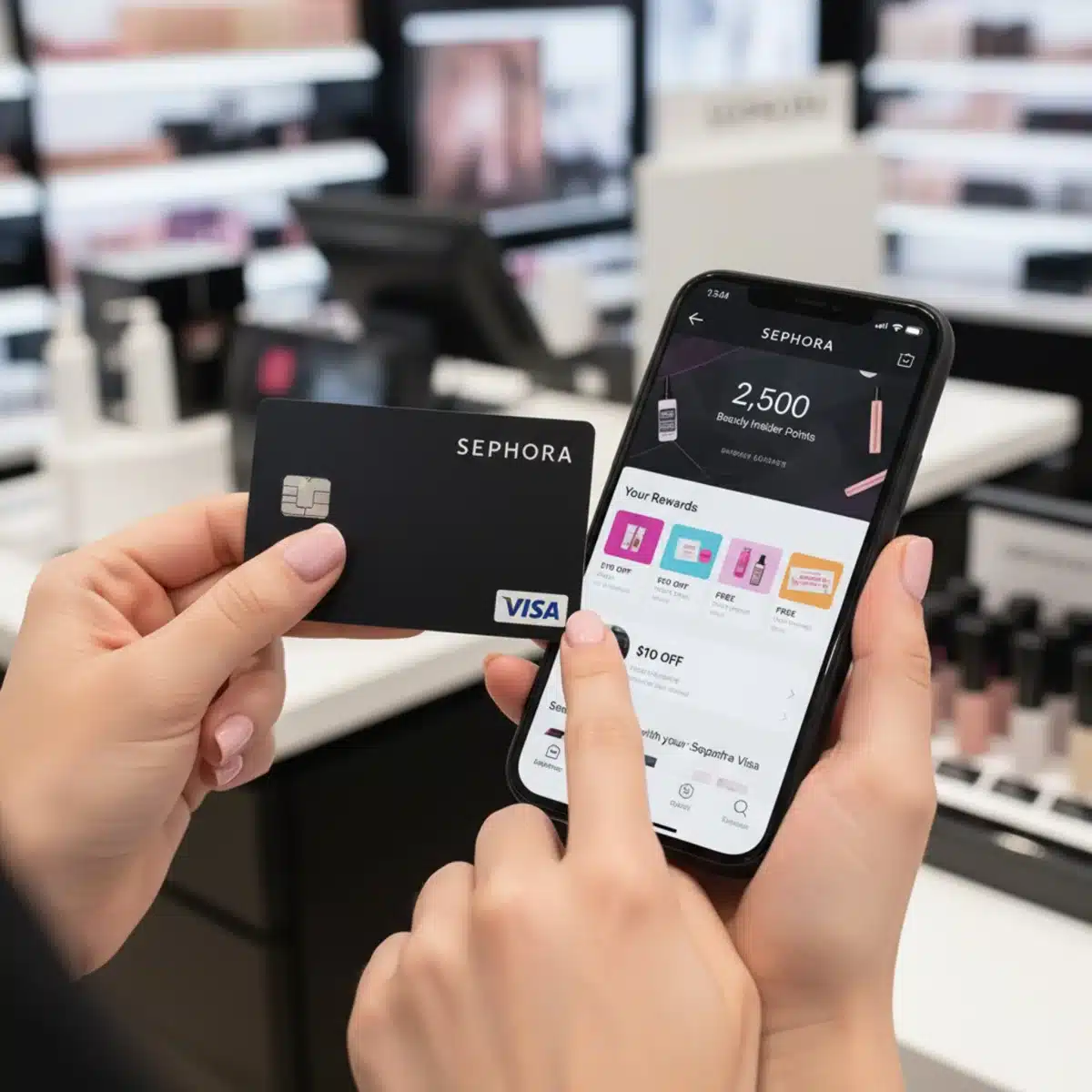 Persona mostrando la tarjeta Sephora y la aplicación Beauty Insider con puntos y recompensas.