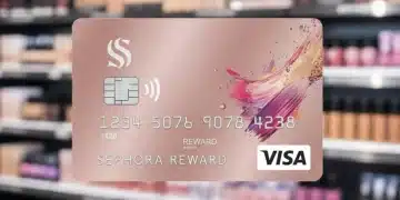 Tarjeta de crédito Sephora con productos de belleza en el fondo, simbolizando compras y recompensas.