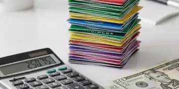 Pila de tarjetas de regalo de varias tiendas, calculadora y billetes, ilustrando el ahorro inteligente.