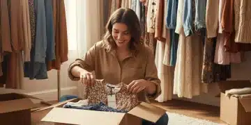 Persona feliz abriendo un paquete de ropa nueva, simbolizando la experiencia de compra online de moda asequible.