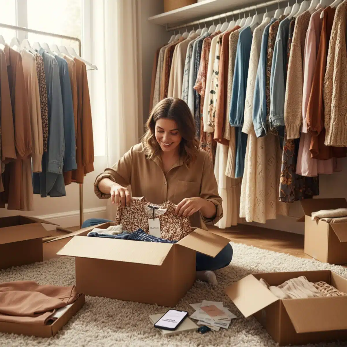 Persona feliz abriendo un paquete de ropa nueva, simbolizando la experiencia de compra online de moda asequible.