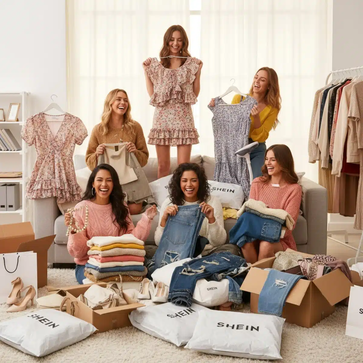 Amigas abriendo paquetes de SHEIN con alegría, mostrando las compras con descuento.