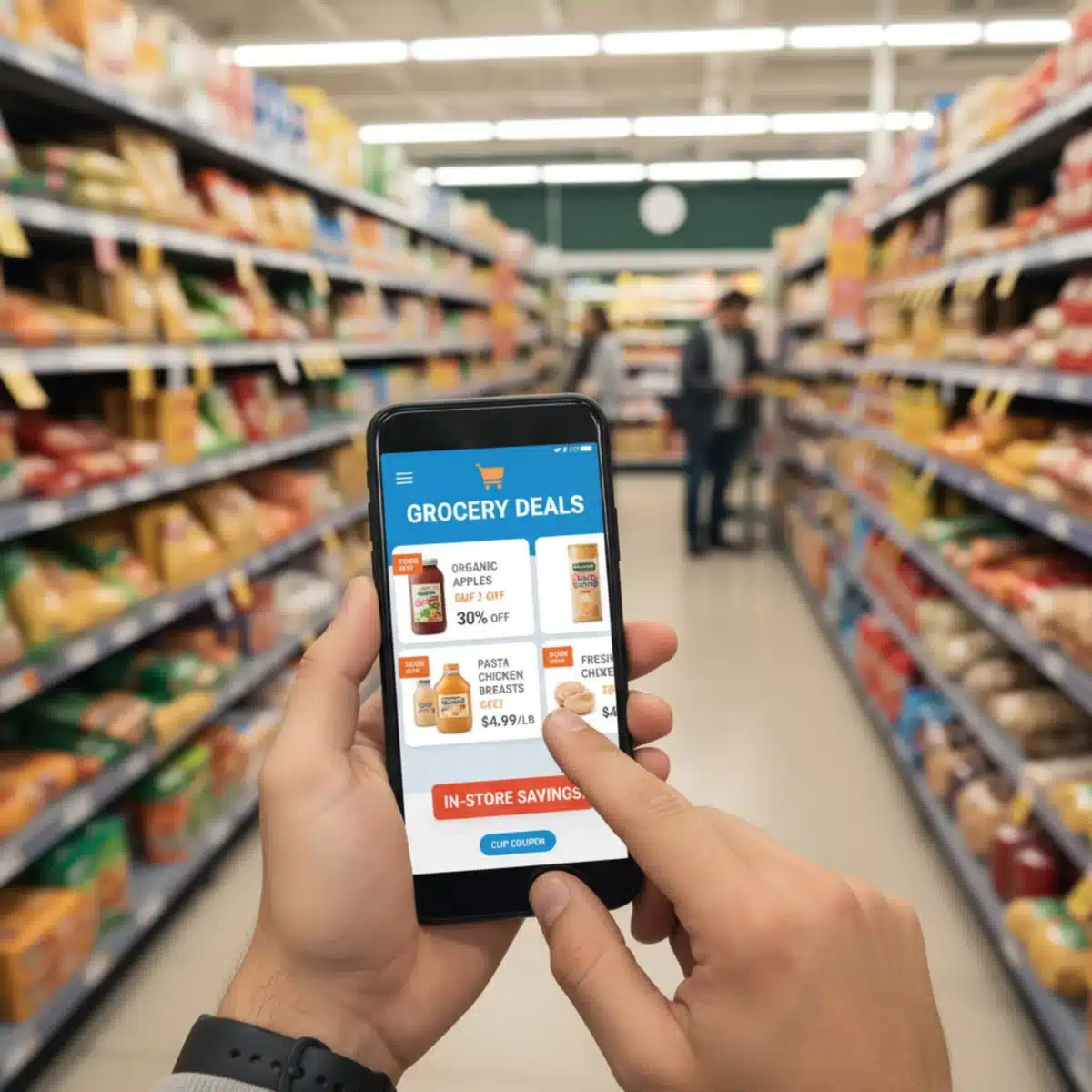 Persona usando una app de descuentos en el supermercado para encontrar ofertas.