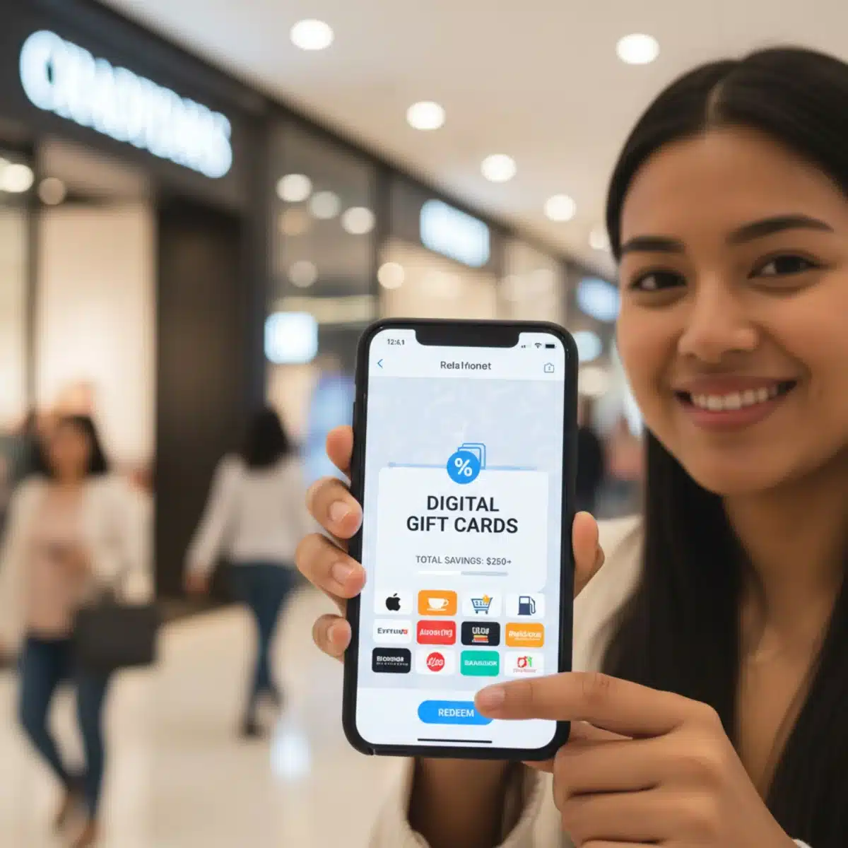 Persona usando una aplicación de tarjetas de regalo en un smartphone para compras y descuentos.