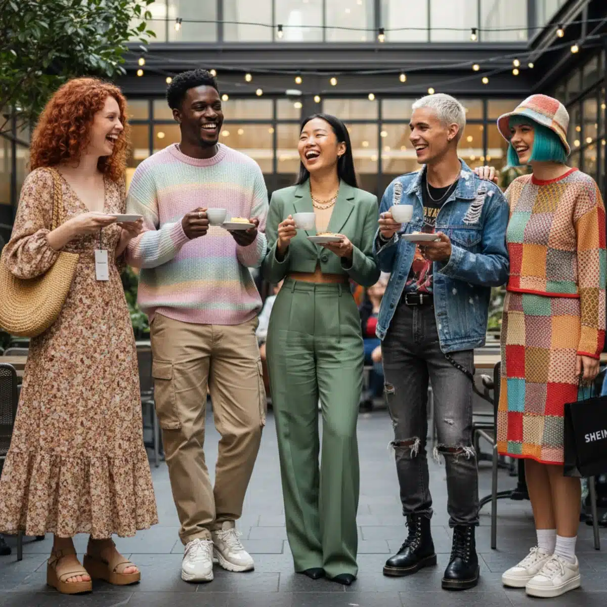 Grupo de amigos con outfits variados de SHEIN, mostrando la versatilidad y adaptabilidad de la ropa a diferentes estilos personales.