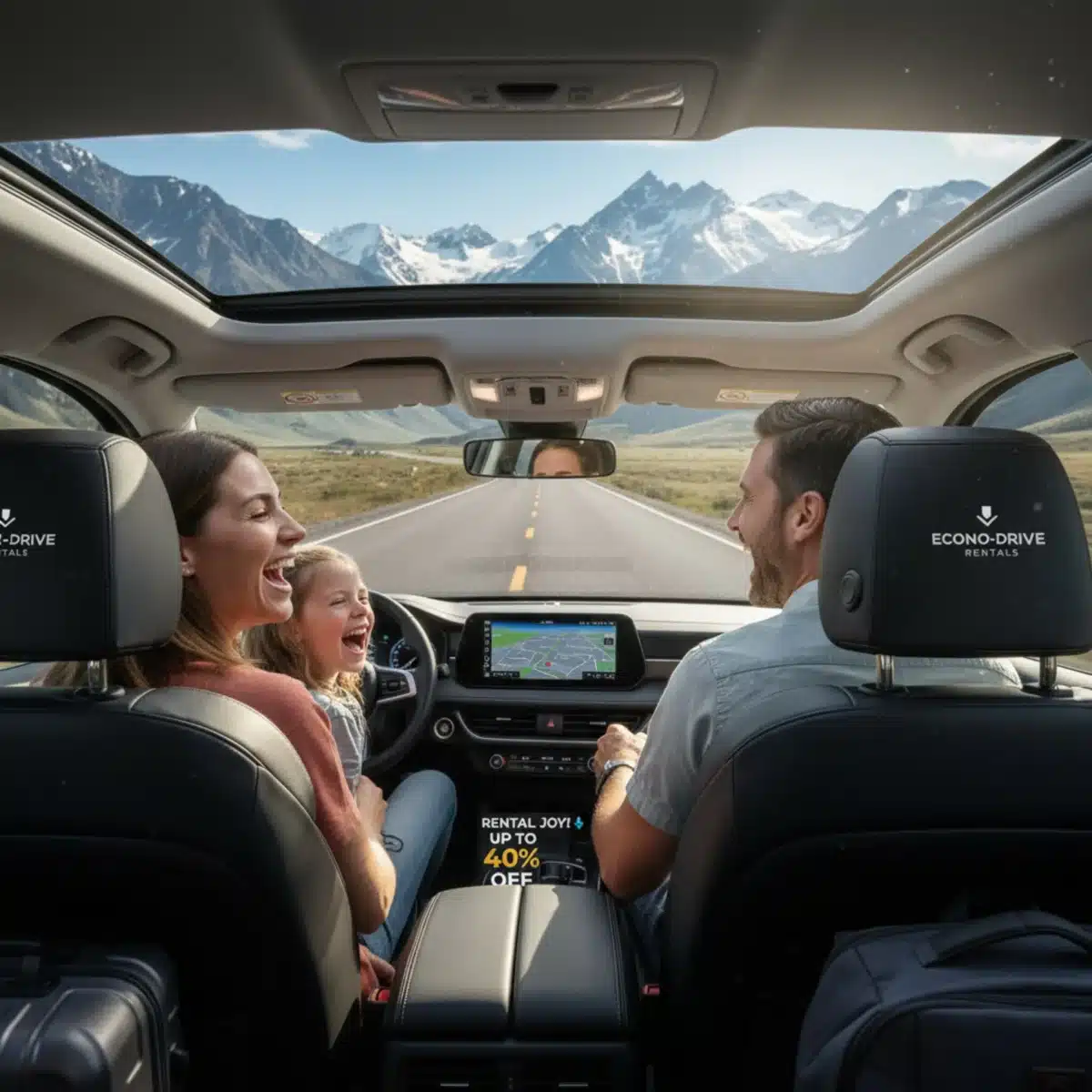 Familia disfrutando de un viaje por carretera con coche de alquiler económico.