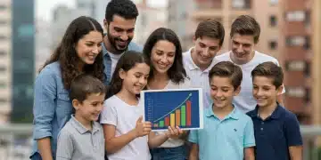 Familia numerosa española feliz revisando ahorros en tableta