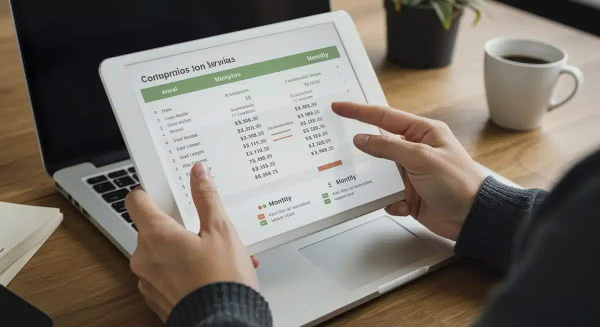 Persona analizando tabla comparativa de costes de suscripciones anuales y mensuales.