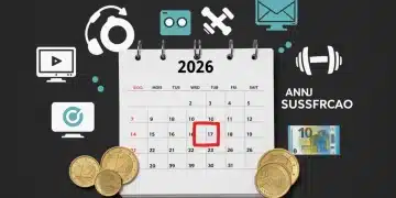 Calendario 2026 con iconos de suscripciones y monedas, simbolizando descuentos anuales en España.