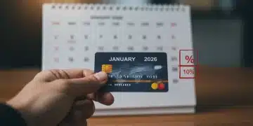 Mano pagando con tarjeta, calendario enero 2026 y símbolo de descuento del 10%