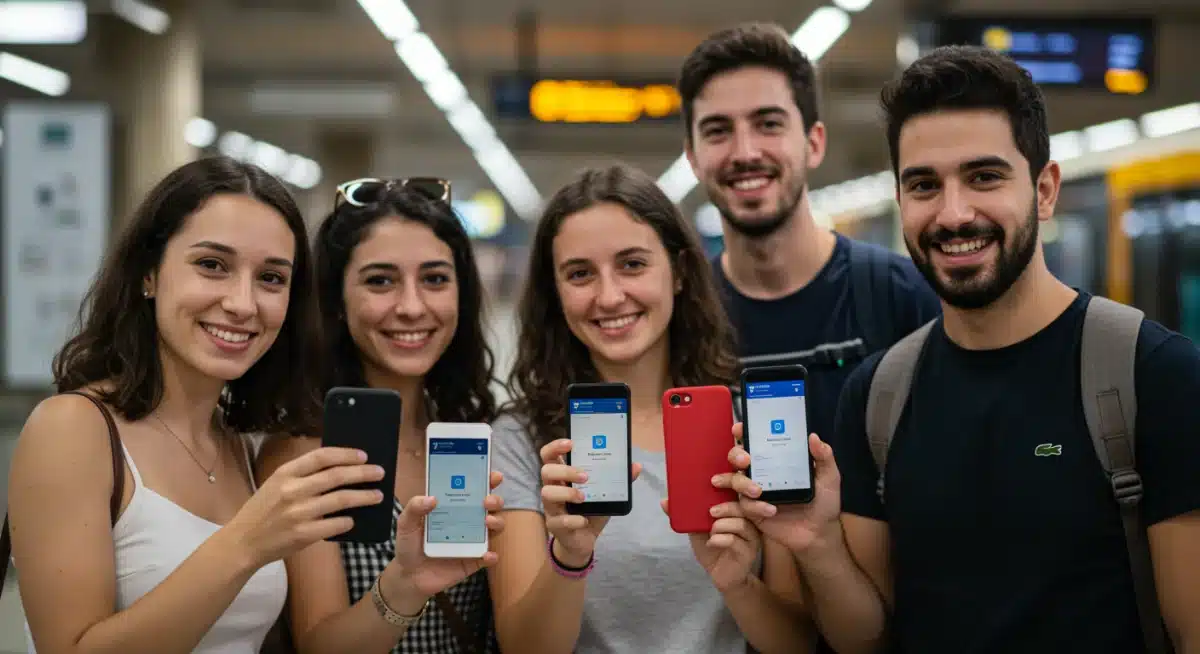 Jóvenes mostrando sus pases de transporte con descuento en España