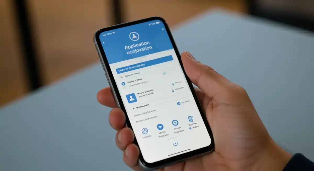Mano sosteniendo un smartphone con formulario de solicitud digital para ayudas a desempleados en España.