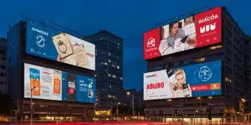 Paisaje urbano español al atardecer con anuncios digitales y símbolos legales, representando la adaptación de marcas a la nueva Ley de Publicidad España 2026.