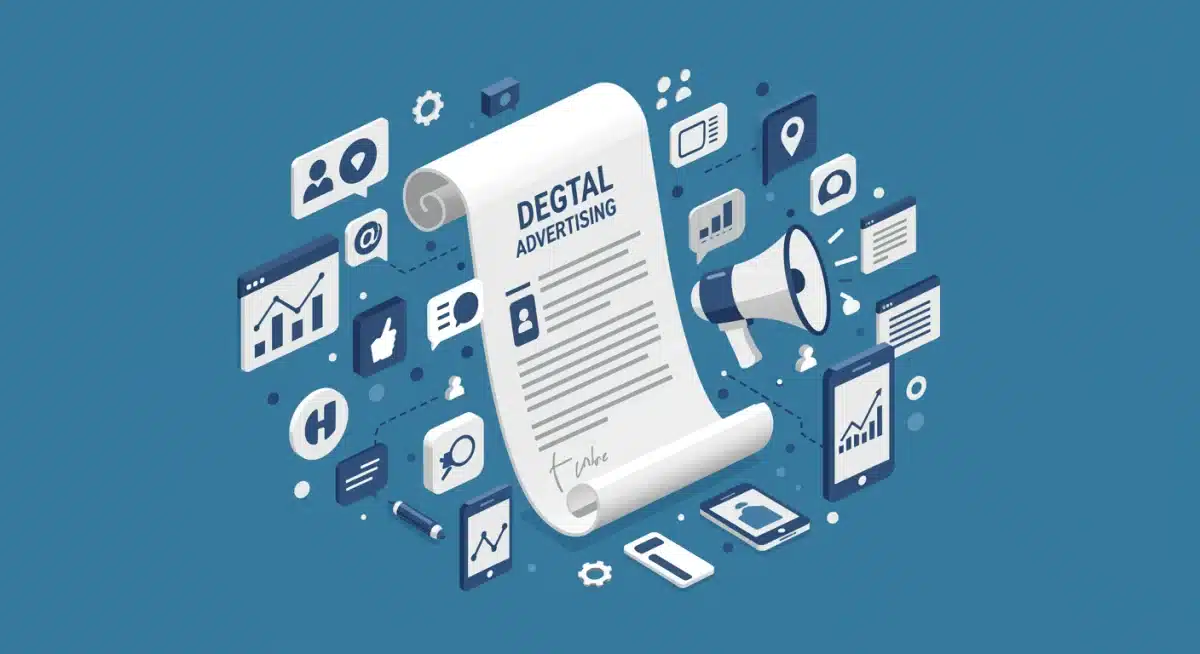 Documento legal con iconos de marketing digital, simbolizando la nueva regulación de la Ley de Publicidad España 2026 y su impacto en la estrategia de marca.