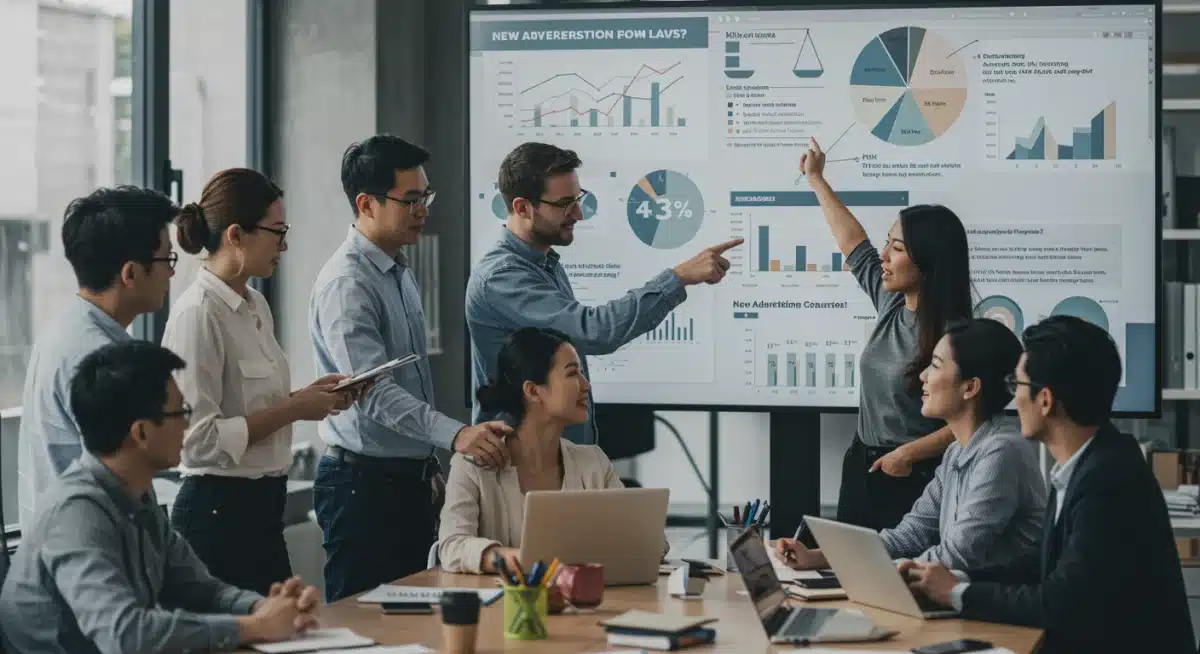 Profesionales de marketing colaborando en una oficina moderna, analizando gráficos y cláusulas legales para adaptar estrategias a la Ley de Publicidad España 2026.