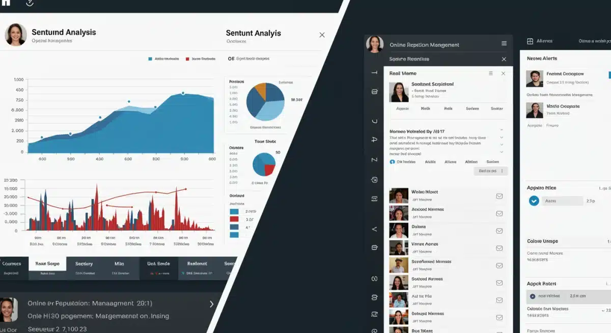 Interfaz de plataforma de gestión de reputación online mostrando análisis de sentimiento y menciones en tiempo real.