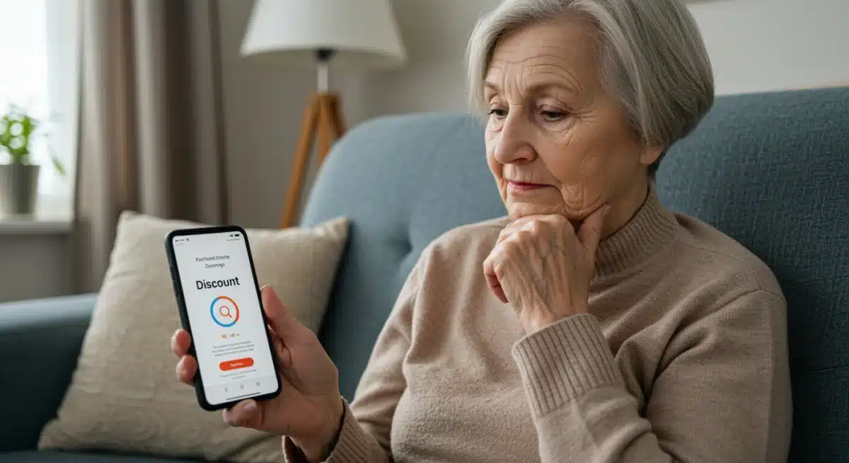 Mujer mayor consultando descuentos para jubilados en su smartphone.
