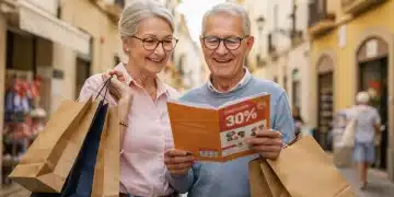 Pareja de la tercera edad sonriendo, disfrutando de descuentos en España y maximizando sus ahorros diarios.