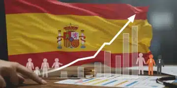 Gráfico de crecimiento financiero con logo de marca y mapa de España, simbolizando el éxito de la construcción de marca en el mercado español.