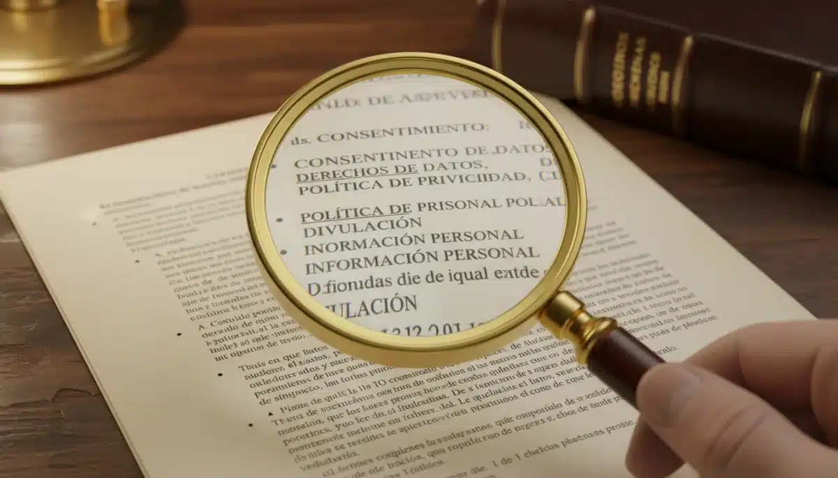 Lupa examinando detalladamente un fragmento de la política de privacidad de SHEIN, destacando las cláusulas sobre consentimiento y derechos del usuario en España.