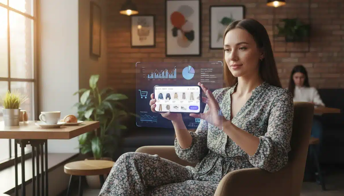 Persona comprando inteligentemente en la app de SHEIN, aplicando filtros y estrategias de ahorro.