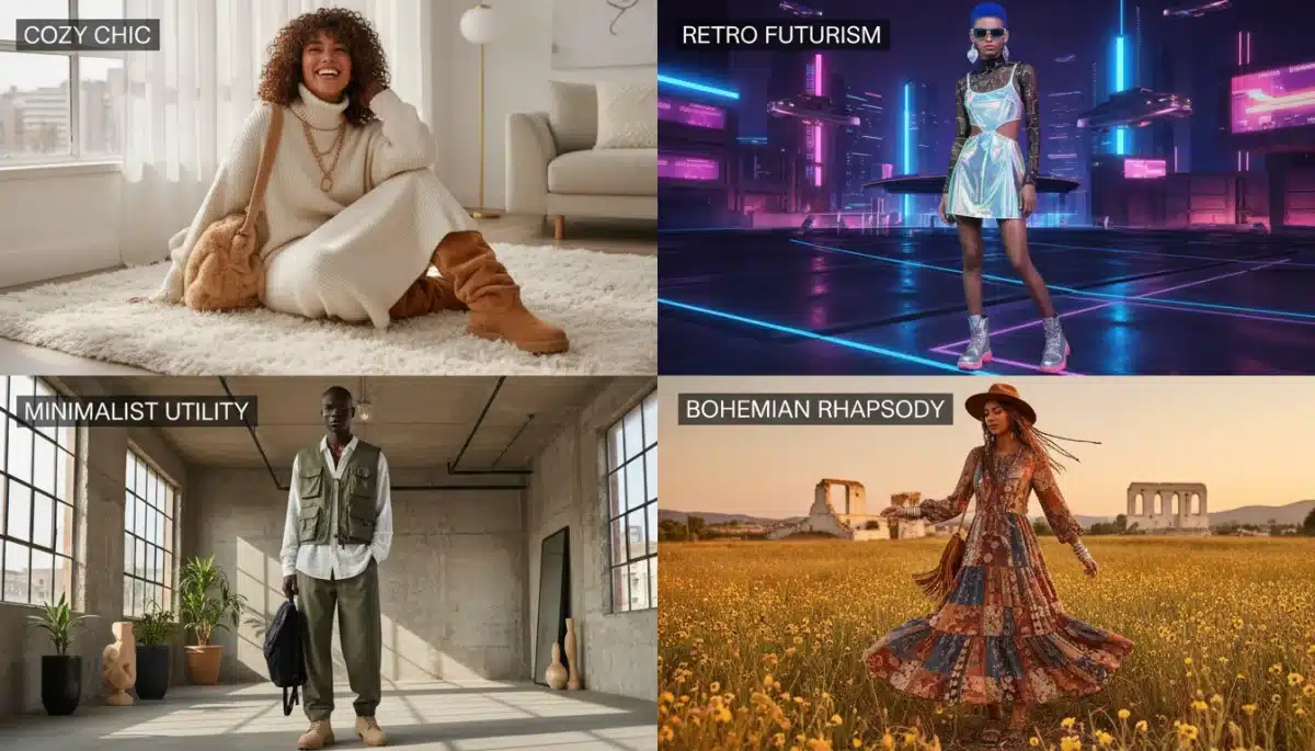 Cuatro estilos de moda clave para SHEIN España en 2026, incluyendo Cozy Chic y Retro Futurism.