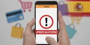 Mujer revisando su smartphone con la aplicación de SHEIN y una alerta de seguridad, simbolizando la prevención de estafas en compras online.
