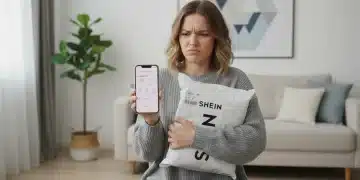 Mujer frustrada con paquete de SHEIN, revisando el proceso de devolución en su móvil.