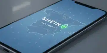 Mujer joven navegando por la política de privacidad de SHEIN en un smartphone, con un candado digital superpuesto, simbolizando la protección de datos en España.